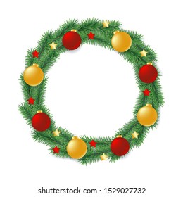 Christmas wreath made from branches of evergreen tree in form of circle decorated with balls and stars.