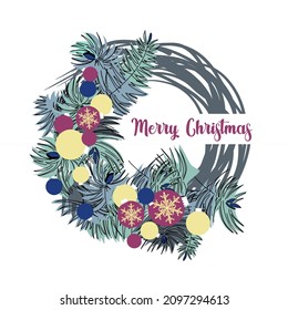 Weihnachtskranz aus Ästen eines Weihnachtsbaums, Zapfen und Spielzeug. Postcard Happy New Year in grau-blauen Tönen