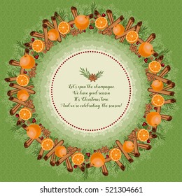 Christmas wreath made of cinnamon, mandarin, anise, cranberries and spruce branches. In the center of New Year's good wishes.