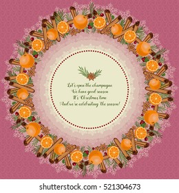 Christmas wreath made of cinnamon, mandarin, anise, cranberries and spruce branches. In the center of New Year's good wishes.