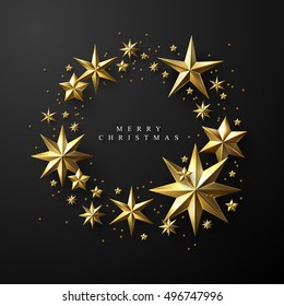 Christmas Wreath made of Cutout Gold Foil Stars on Black Background. Chic Christmas Greeting Card.