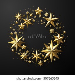 Christmas Wreath made of Cutout Gold Foil Stars on Black Background. Chic Christmas Greeting Card.