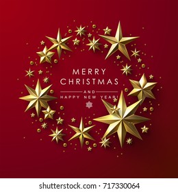 Christmas Wreath made of Cutout Gold Stars. Chic Christmas Greeting Card.