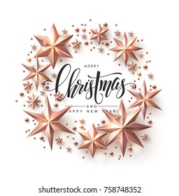 Christmas Wreath made of Cutout Rose Gold Stars with Calligraphic Inscription. Chic Christmas Greeting Card. Christmas Wreath made of Cutout Rose Gold Stars with Calligraphic Inscription. Chic Christmas Greeting Card.