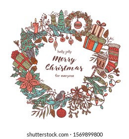 Christmas wreath made with different festive icons and elements. Vector doodle mistletoe, stockings, fir and spruce branches, wreath, bell, gift boxes, candle. Freehand illustration