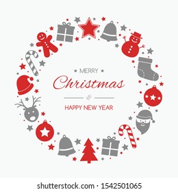 Christmas wreath made of festive icons with wishes. Xmas ornament. Vector