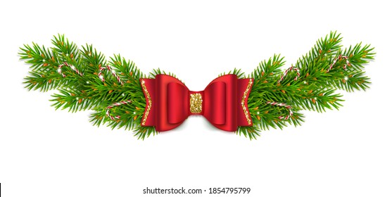  Christmas wreath made of fir branches. Christmas garland. Fir vignette with a red bow with gold glitter and cane candy. 3D realistic illustration. Isolated on a white background. Vector.