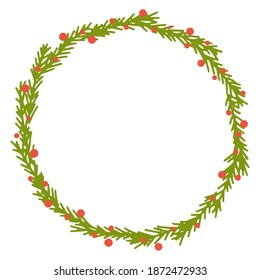 Christmas wreath made of fir branches. Hand drawn vector illustration. Red berries, balls, holly. New Year.