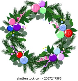 Christmas wreath made of fir branches, eucalyptus, ribbons and balls. New Year card, element for design
