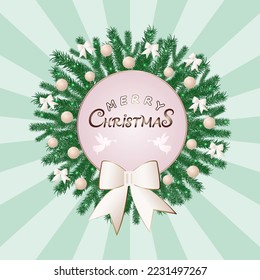 Christmas wreath made of fir branches decorated with gold bows and Xmas balls. Merry Christmas inscription in the middle of the circle and two silhouettes of angels. Vector greeting card