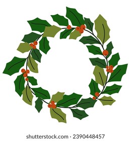 Christmas wreath made of fir branches, with red berries. Modern design for Holidays invitation card, poster, banner, greeting card, postcard, packaging, print. Christmas holiday natural element. 