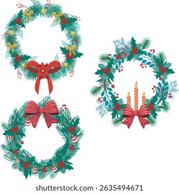 Coroa de Natal feita de ramos de abeto com cones, bagas de ilex vermelho isolado no fundo branco. Decoração tradicional para férias de Natal e Ano Novo. Vista superior. Traçado de recorte