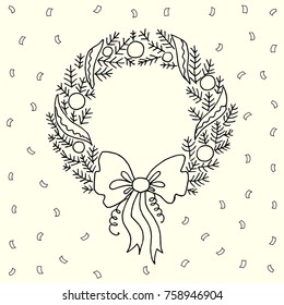 Christmas wreath made of fir tree branches, balls and bow with falling confetti. Christmas and New Year greeting card in free hand style.