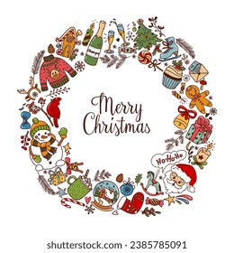 Christmas wreath made of fun color doodle illustrations on white background. Hand drawn vector illustration