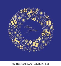 Christmas Wreath Made of Gold Holiday Icons Over Blue