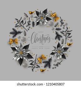 Christmas Wreath Made of Gold and Silver Pine Branches, Berries, Christmas Flowers and other Festive Elements