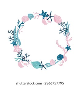 Christmas wreath made of hand drawn seashells, starfish and seaweeds. Vector holiday design element.