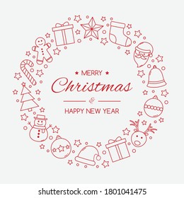 Christmas wreath made of holiday elements with greetings. Xmas decoration. Vector