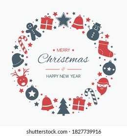 Christmas wreath made of holiday elements with greetings. Xmas decoration. Vector