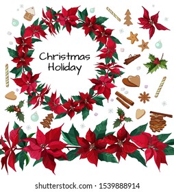 Christmas wreath made of horizontal seamless brush. The wreath consists of poinsettia flowers and the inscription. There are various Christmas sweets in the picture.