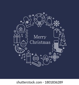 Christmas wreath made of line icons. Merry Christmas greeting card. Vector isolated illustration