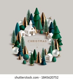 Christmas wreath made of little toy wooden and glass Christmas trees  festive elements and cite little white houses.