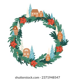 Christmas wreath made of little toy wooden houses and fir branch Christmas trees festive elements New Year craft decoration branches and sticks design Vector design elements handcrafts home decorating