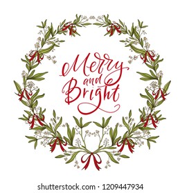 Christmas wreath made of mistletoe and red ribbons on white background, winter door decoration. Greeting card template, wreath and place for your text. Vector Illustration