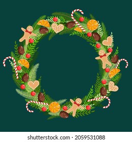 Christmas wreath made of natural pine, twigs, cones, garland, gingerbread men, sweets, cookies and dried orange for postcards, posters, banners. Illustration of Merry Christmas and New Year.