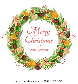 Christmas wreath made of natural pine, twigs, cones, garland, gingerbread men, sweets, cookies and dried orange for postcards, posters, banners. Illustration of Merry Christmas and New Year.