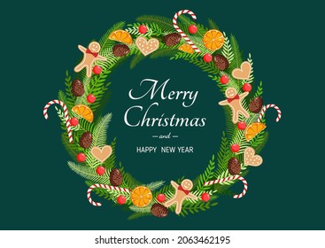 Christmas wreath made of natural pine, twigs, cones, garland, gingerbread men, sweets, cookies and dried orange for postcards, posters, banners. Illustration of Merry Christmas and New Year