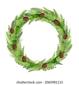 Christmas wreath made of natural pine, twigs, cones for postcards, posters, banners. Illustration of a Merry Christmas and New Year. Vector design template.