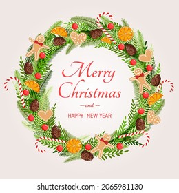 Christmas wreath made of natural pine, twigs, cones, garland, gingerbread men, sweets, cookies and dried orange for postcards, posters, banners. Illustration of Merry Christmas and New Year.