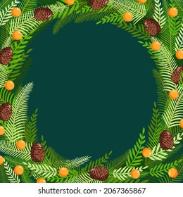 Christmas wreath made of natural pine, twigs, cones, garlands for postcards, posters, banners. Illustration of Merry Christmas and New Year. Vector design template