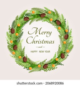 Christmas wreath made of natural pine, twigs, cones, garlands for postcards, posters, banners. Illustration of a Merry Christmas and New Year. Vector design template.