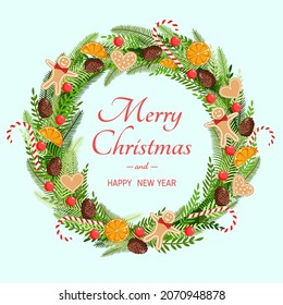 Christmas wreath made of natural pine, twigs, cones, garland, gingerbread men, sweets, cookies and dried orange for postcards, posters, banners. Illustration of Merry Christmas and New Year.