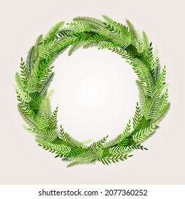 Christmas wreath made of natural pine and plants for postcards, posters, banners. Illustration of a Merry Christmas and New Year.