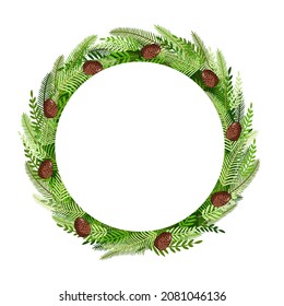 Christmas wreath made of natural pine, twigs, cones for postcards, posters, banners. Illustration of a Merry Christmas and New Year. Vector design template.