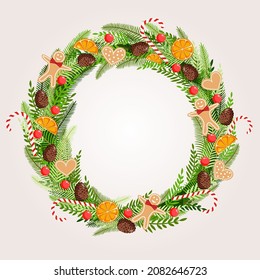 Christmas wreath made of natural pine, twigs, cones, garland, gingerbread men, sweets, cookies and dried orange for postcards, posters, banners. Illustration of Merry Christmas and New Year