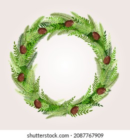 Christmas wreath made of natural pine, twigs, cones for postcards, posters, banners. Illustration of a Merry Christmas and New Year. Vector design template.