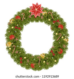 Christmas Wreath Made of Naturalistic Looking Pine Branches Decorated with Red Berries, Wooden Stars and Candy Canes. The illustration is made in red, gold and green colors.