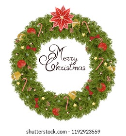 Christmas Wreath Made of Naturalistic Looking Pine Branches Decorated with Red Berries, Wooden Stars and Candy Canes. The illustration is made in red, gold and green colors.