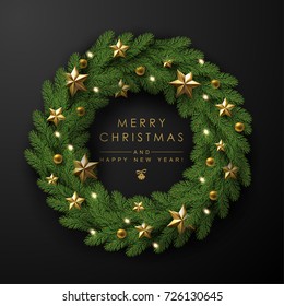 Christmas Wreath Made of Naturalistic Looking Pine Branches Decorated with Gold Stars and Bubbles.