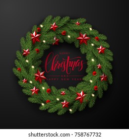 Christmas Wreath Made of Naturalistic Looking Pine Branches Decorated with Red Stars and Bubbles.