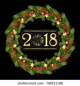 Christmas Wreath Made of Naturalistic Looking Pine Branches Decorated with Gold Stars and Snowflake.