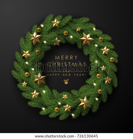 Christmas Wreath Made of Naturalistic Looking Pine Branches Decorated with Gold Stars and Bubbles. Сток-фото © 