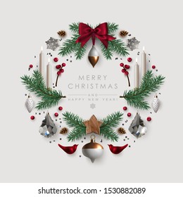 Christmas wreath made of pine branches, glass baubles and burning candles Christmas wreath made of pine branches, glass baubles and burning candles