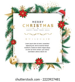 Christmas wreath made of pine branches, glass baubles and burning candles along with text space 