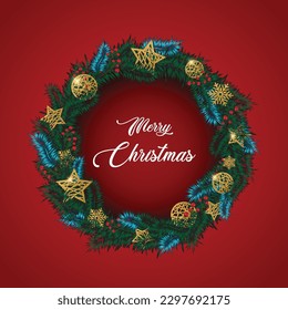 Christmas Wreath Made of Pine Branches, Berries, Christmas Flowers.