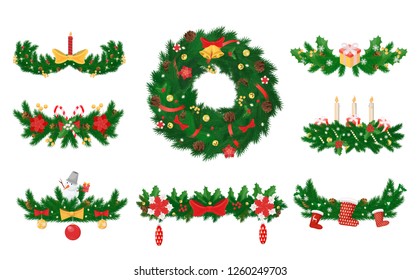 Christmas wreath made of pine and candles bows vector. Decoration with ribbons, leaves and balls, socks for presents and toys, bell on spruce circle